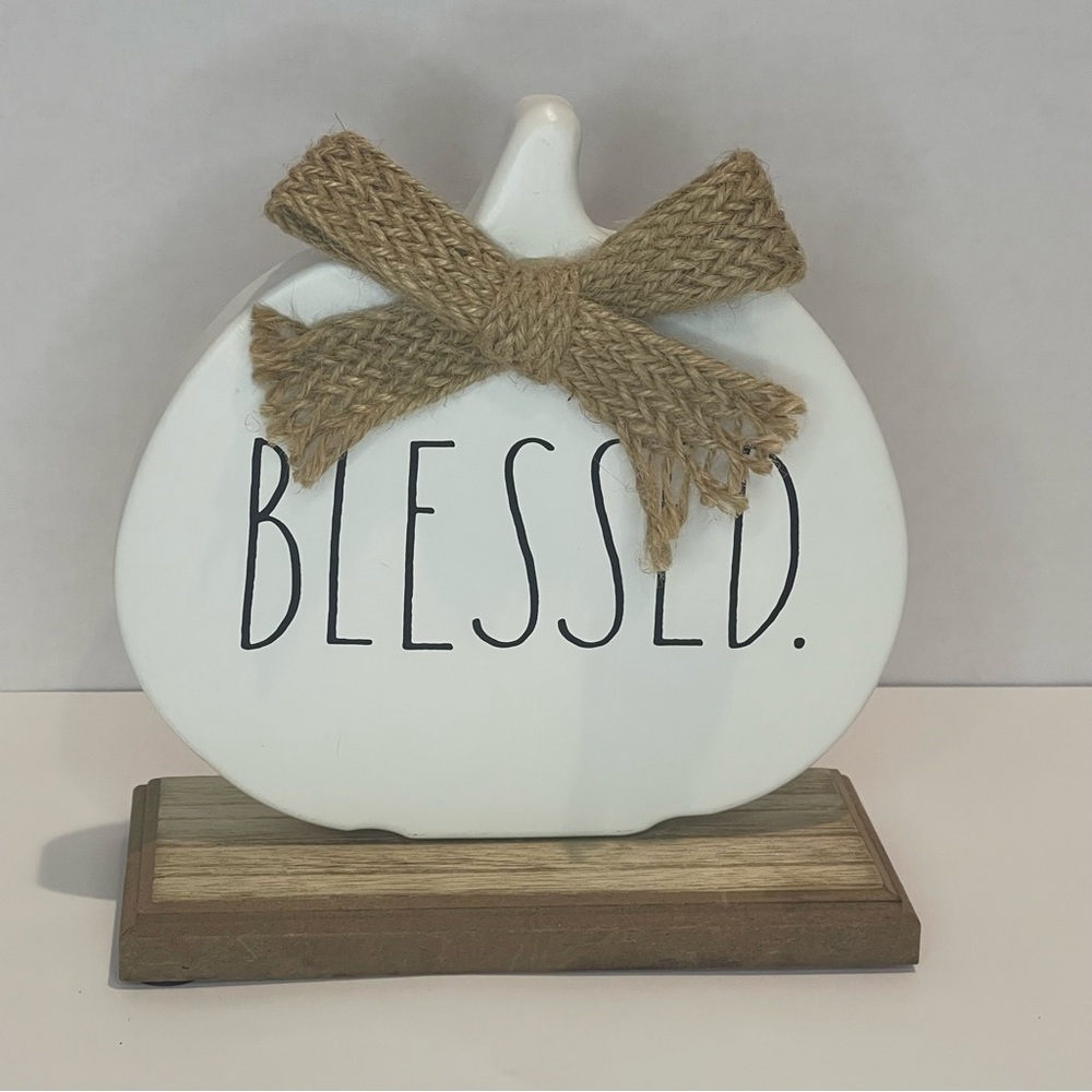 Rae Dunn Blessed Pumpkin Sign Rustic Fall Decor White Tabletop Wooden Base